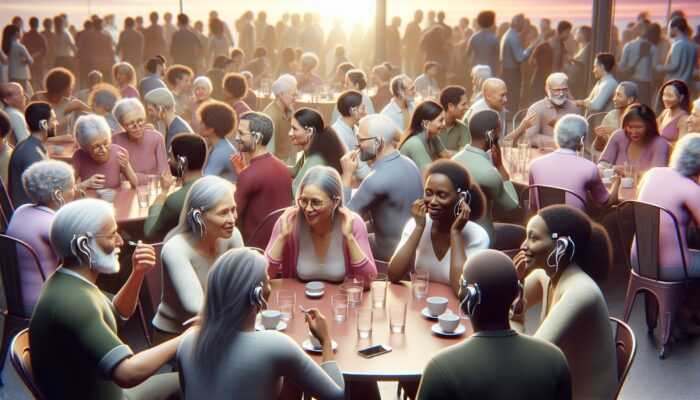 A vibrant community scene with people using advanced hearing aids at a social event, engaging in clear conversations.