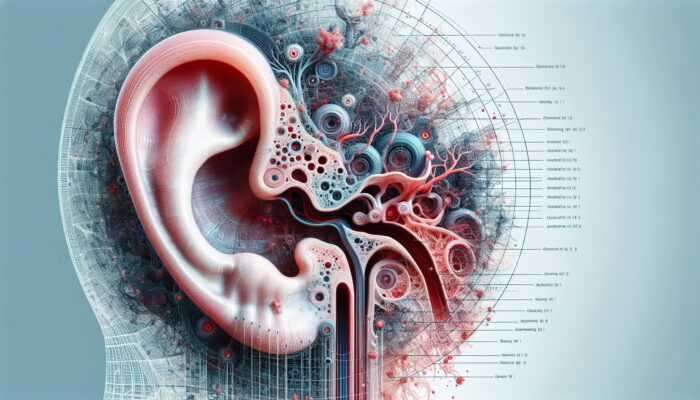 Anatomical illustration of inner ear with disrupted blood flow due to high cortisol levels, showing stress impact on hearing.