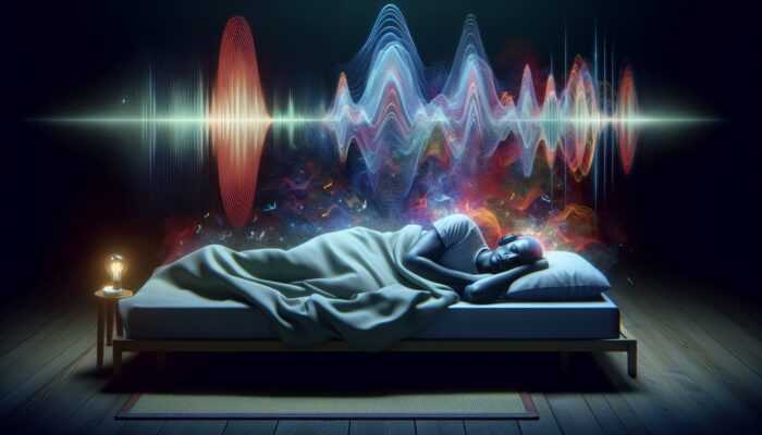 A person in bed, awake, with abstract sound waves and disrupted sleep pattern, illustrating stress effects on hearing.