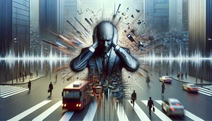 A person in a bustling city, covering ears, overwhelmed by anxiety and distorted sound waves representing heightened perception of hearing loss.